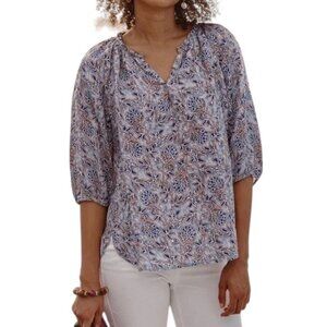 J. Jill Love Linen Purple Floral Split V Neck Ruffle Top